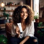 A girl holding and displaying chemical-free hair care products, smiling confidently, with natural and eco-friendly vibes.